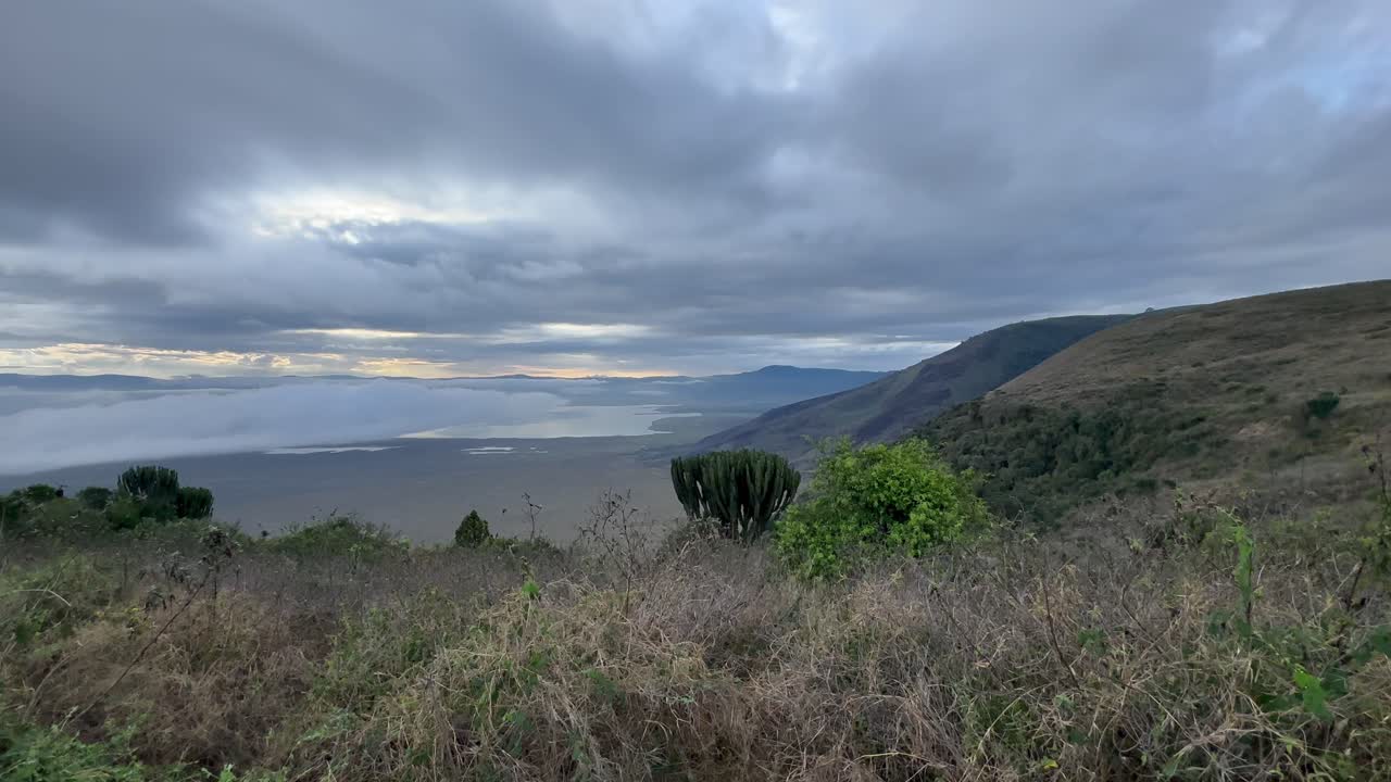 Panoramic view of the Ngorongoro Crater in cloudy weather. Tanzania.