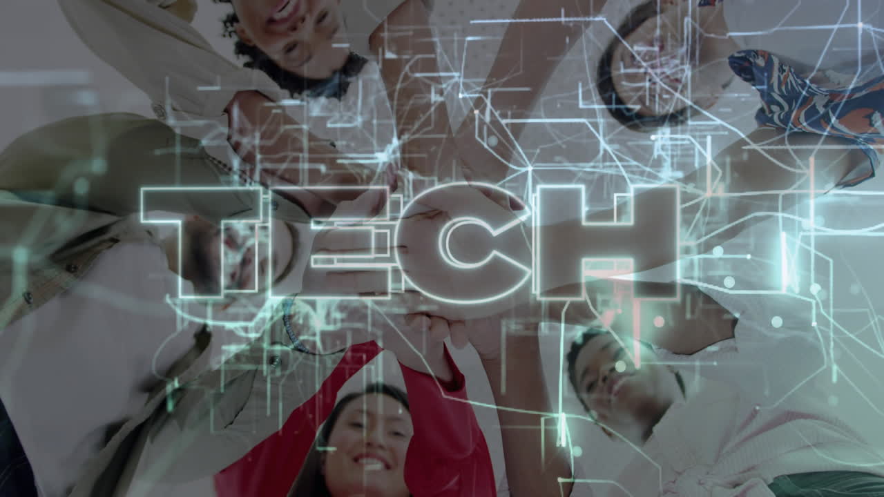 Forming circle, diverse group creating animation with TECH text and digital network