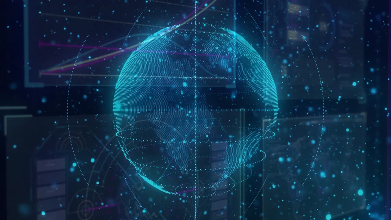 Opening scene showing cyan globe rotating with data points orbiting UI backdrop showing global data
