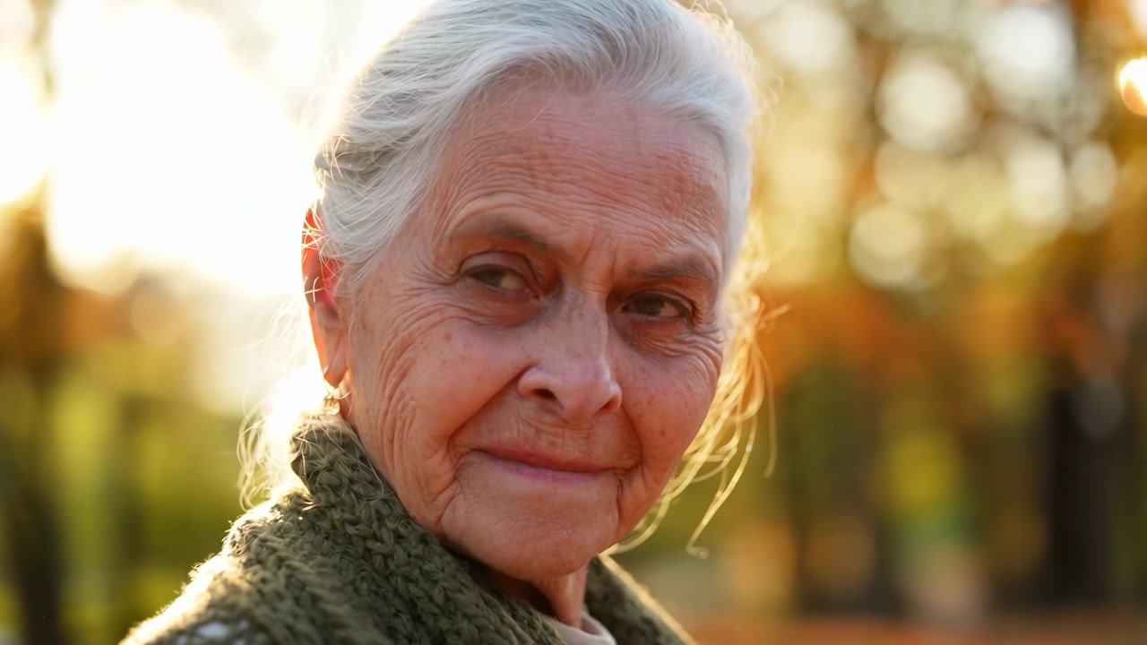 Close-up Portrait of a Smiling Elderly Woman in Golden Autumn Light