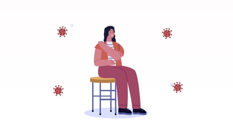 covid19 virus particles animation with woman seated