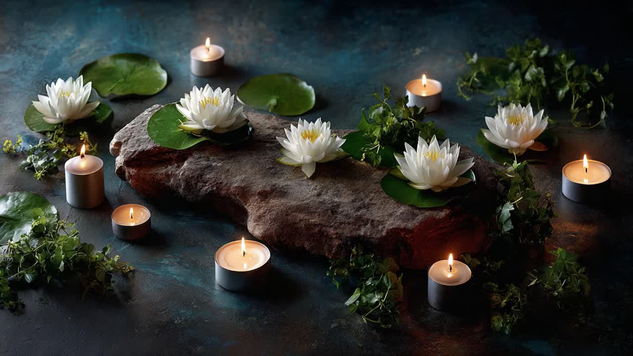 Composizione tranquilla di ninfee e candele su una superficie di pietra, che crea un'atmosfera serena per la riflessione e il relax.