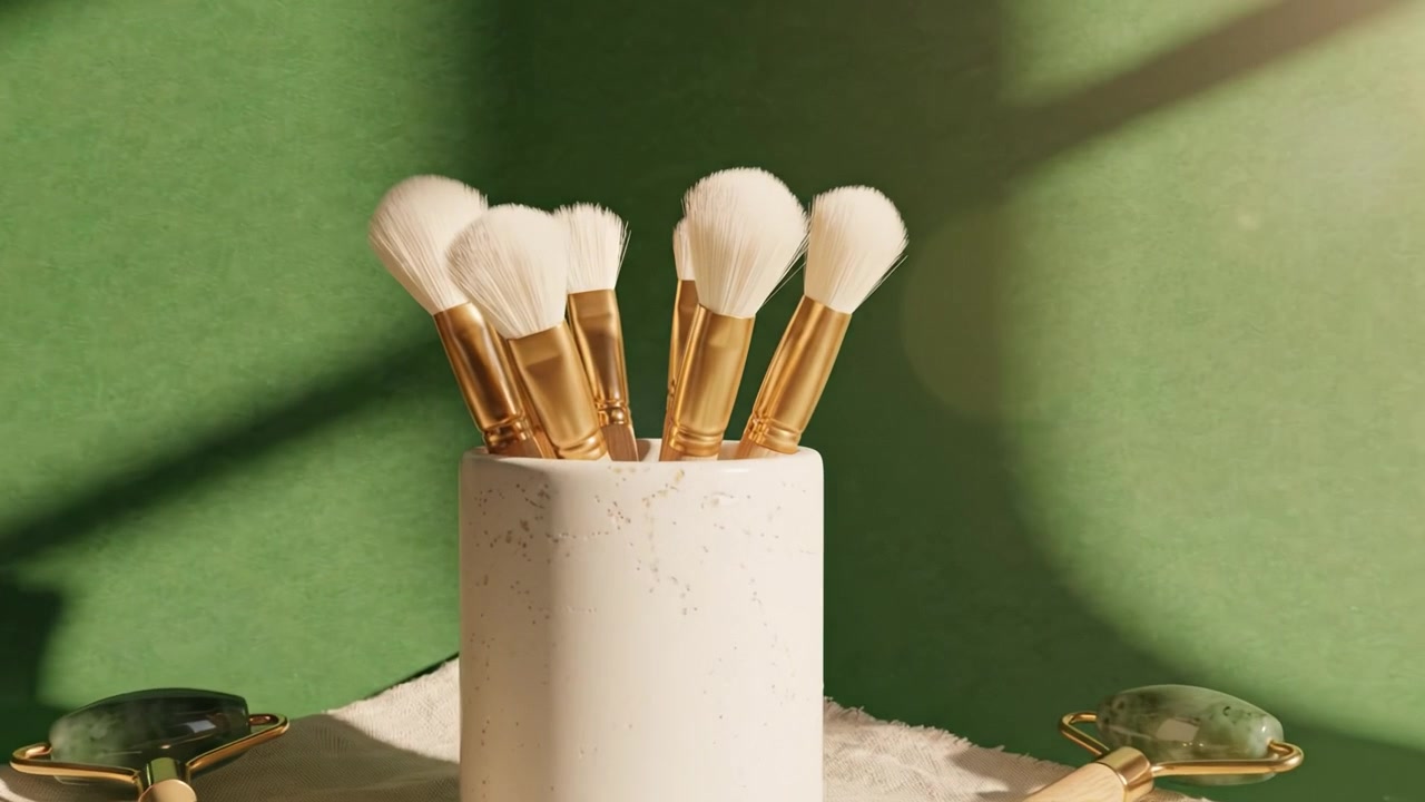 Elegant Display of Makeup Brushes in a Minimalist Setting with a Soft Green Background and Natural Light Accentuating Their Beauty and Texture