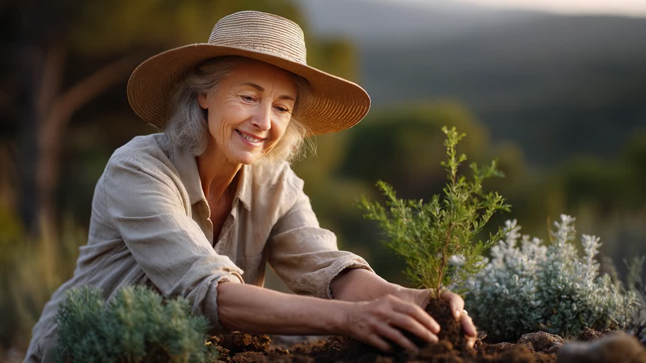 A Joyful Gardener Nurtures New Life: Capturing the Heartwarming Moment of a Dedicated Elderly Woman Planting a Sapling in Her Lush Garden