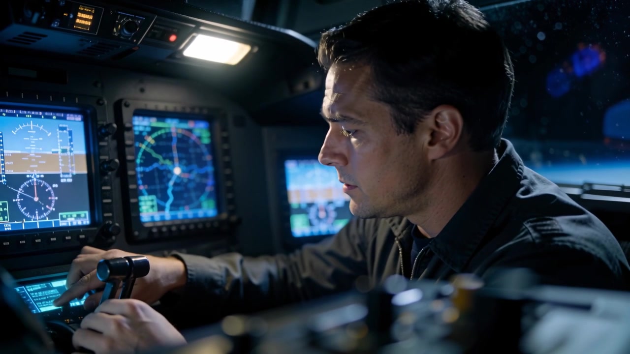 Staring at map, uniformed pilot leaning, gripping yoke, scanning avionics, adjusting knobs at night