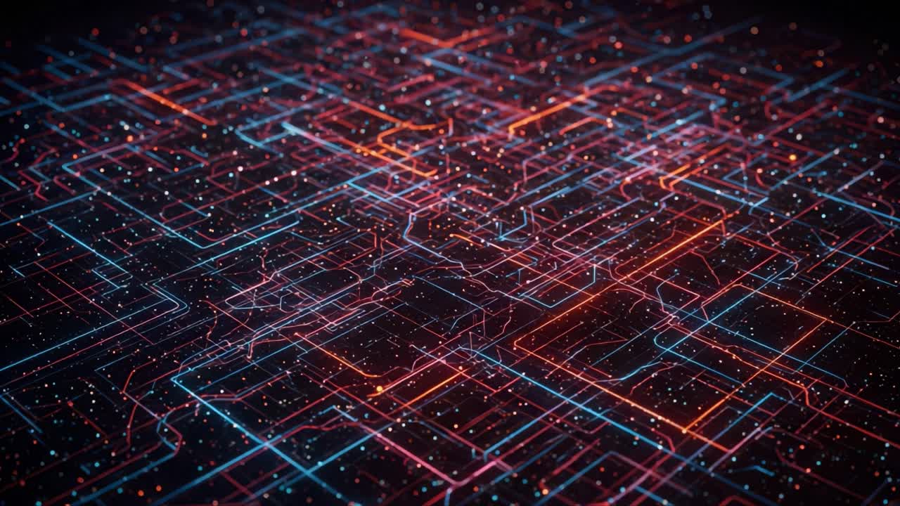 Abstract Digital Network with Vibrant Blue and Red Nodes Representing Data Flow and Connectivity in a Complex Circuit-Like Structure