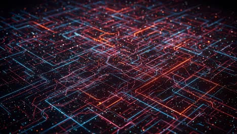 abstract digital network with vibrant blue and red nodes representing data flow and connectivity in a complex circuit-like structure