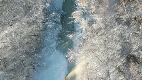 Schneefall-über-Gefrorenem-Bach,-Der-Durch-Den-Wald-Fließt