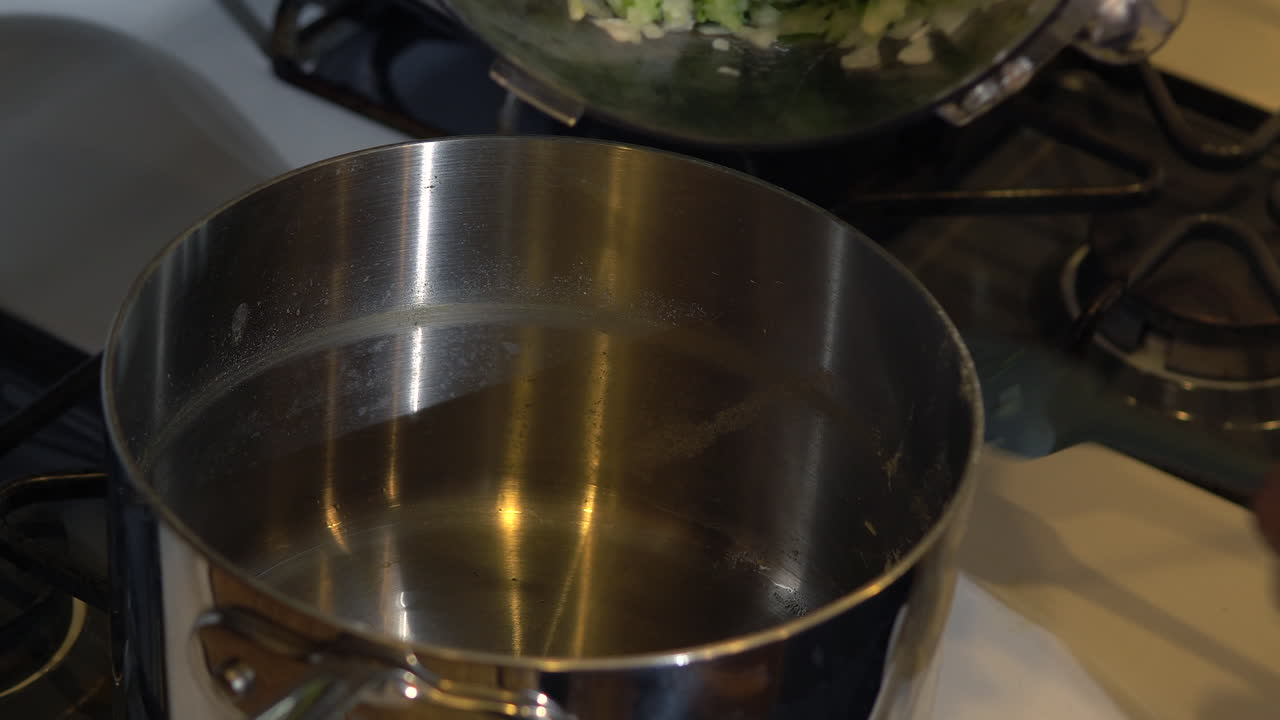 Pouring minced green zucchinis and onions in a stainless steel pot for cooking a delicious meal - Close up