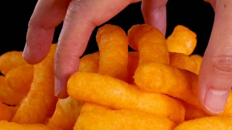 A hand reaches into a pile of crunchy orange cheese puffs against a dark background