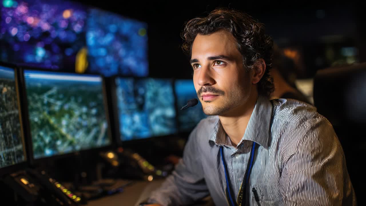 Focused Individual Analyzing Data in a High-Tech Control Room Surrounded by Multiple Screens Displaying Complex Information in a Modern Environment, Exhibiting Professionalism and Commitment