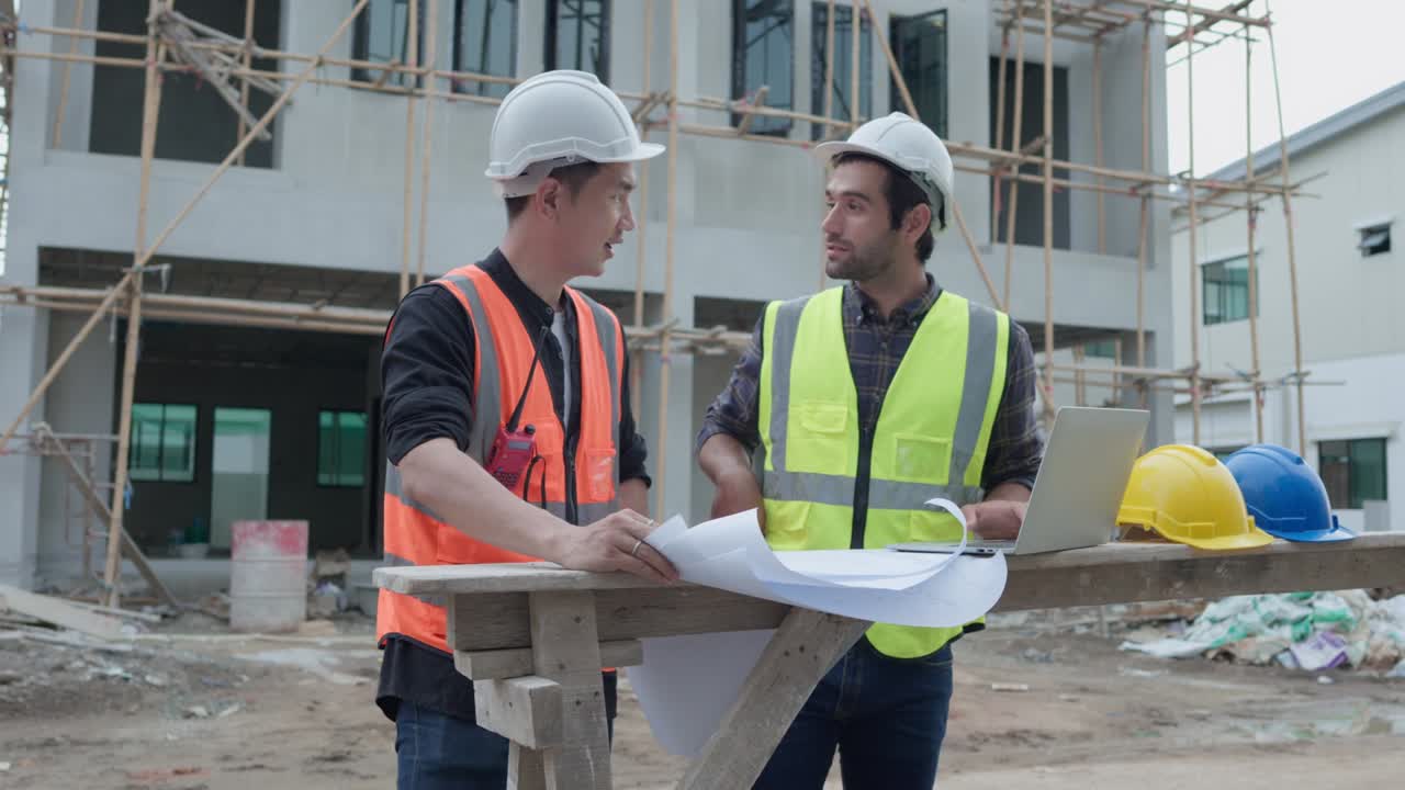 gerente profesional de ingenieros civiles masculinos o arquitectos y capataz, trabajador. mientras se reúnen discuten inspeccionar con computadora portátil, proyecto de construcción de planos en el sitio de construcción. concepto de construcción de bienes raíces.