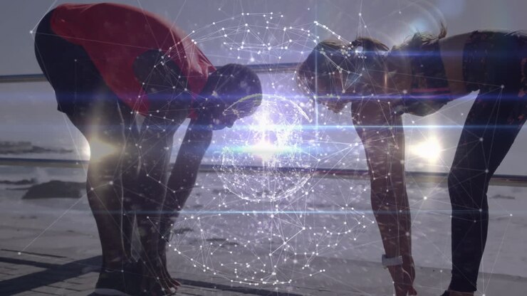 Animation of network of connections over woman and man exercising outdoors