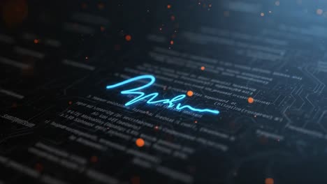 a captivating electronic signature surrounded by digital code and sparkling particles, highlighting innovation and technology in a modern world