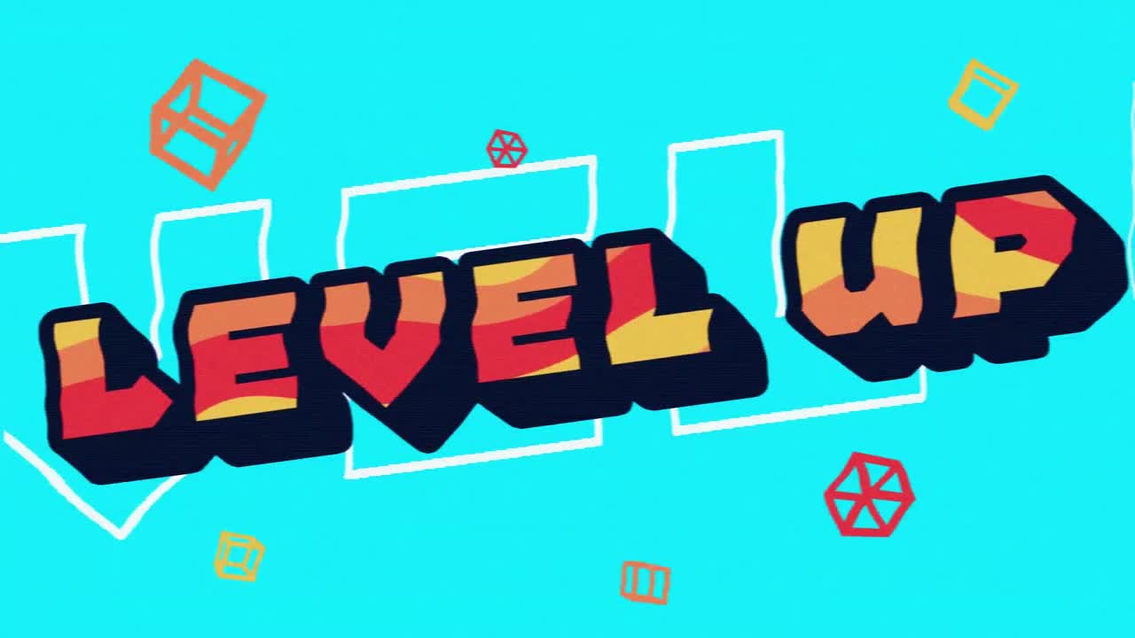 Digital animation of level up text against abstract shapes on blue background