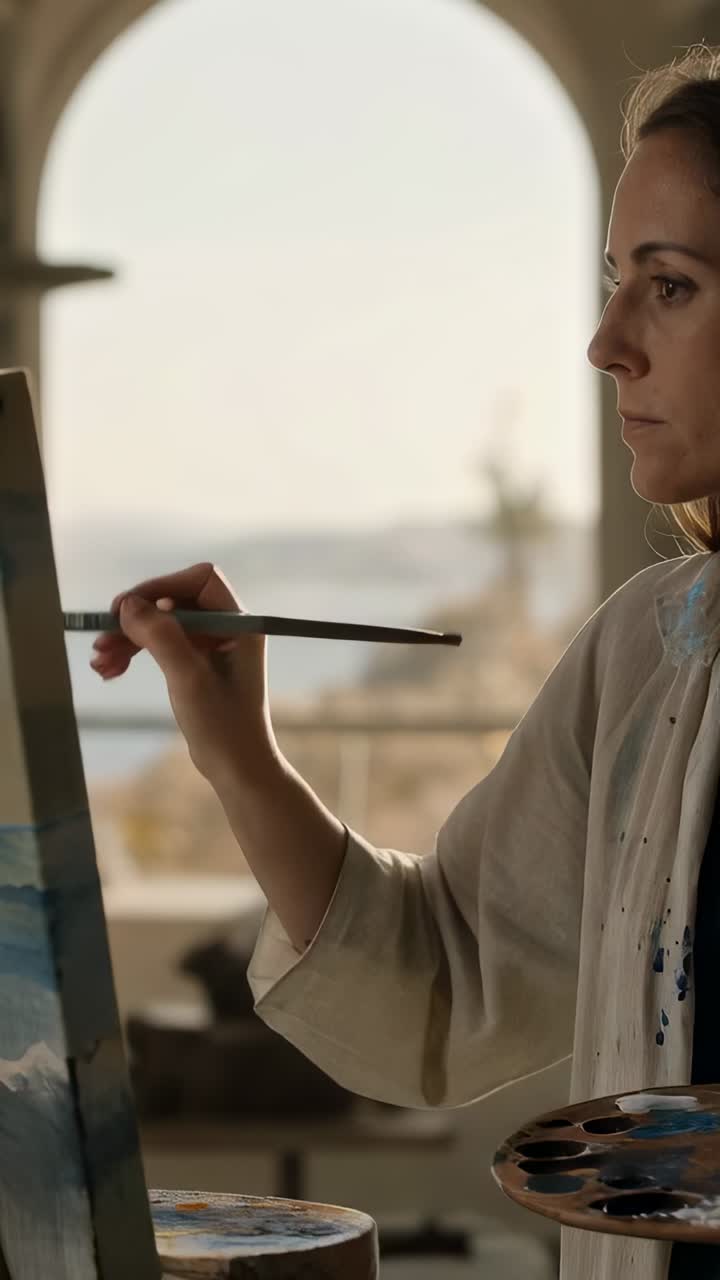 Video verticale: donna che dipinge su un cavalletto, avvicina il pennello, picchietta la palette, rifinisce il mare, spazio per il testo