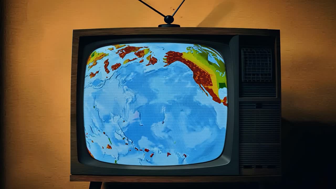 스크린 에 세계 지도 가 표시 된 빈티지 텔레비전