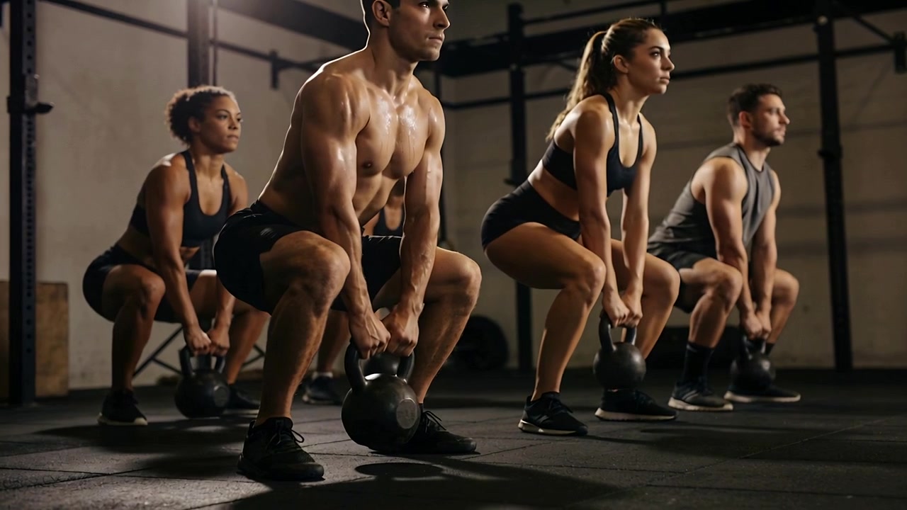 Quattro adulti in abbigliamento da palestra che mantengono uno squat basso, si allineano e iniziano a salire per la forza, con kettlebell.