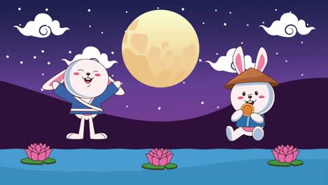 토끼 부부 와 호수 에 있는 달 을 담은 가을 중절 축제 애니메이션