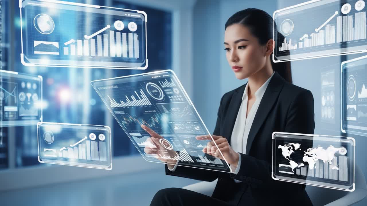 A Business Professional Analyzing Data Insights through a Futuristic Digital Interface in a Modern Office Setting, Showcasing Advanced Technology and Analytical Skills