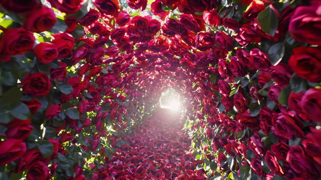 Red roses forming a tunnel with a bright light illuminating the path ahead, evoking feelings of love, romance, and the magic of Valentine's Day celebrations
