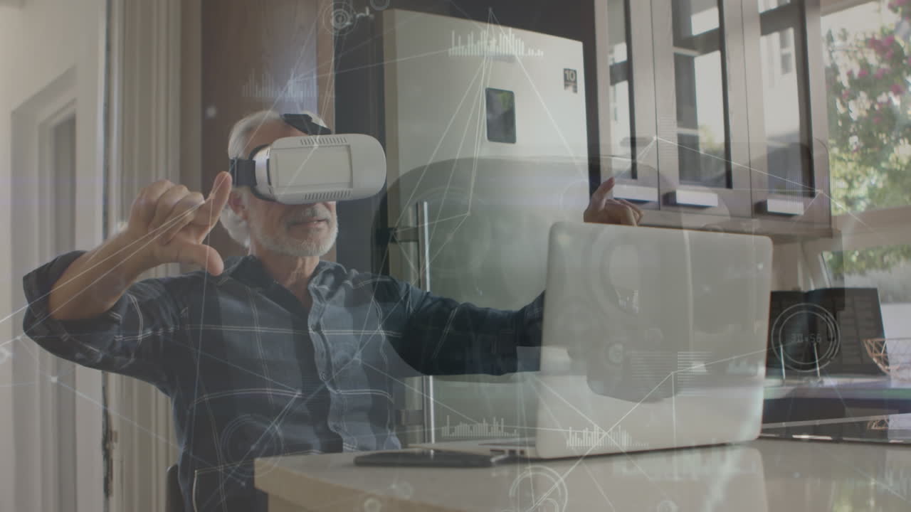 анимация обработки данных над кавказским человеком с использованием vr гарнитуры