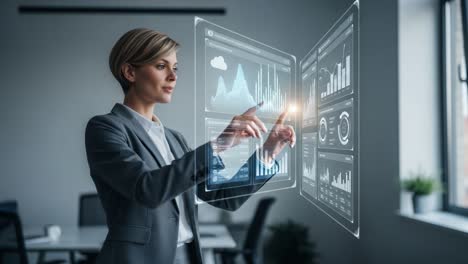 a business professional engages with advanced data visualization technology in a modern office environment, highlighting innovative interfaces and analytical insights