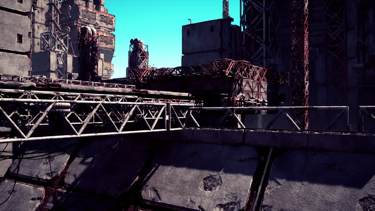 붕괴된 금속 구조로 된 미래의 도시 폐허입니다.