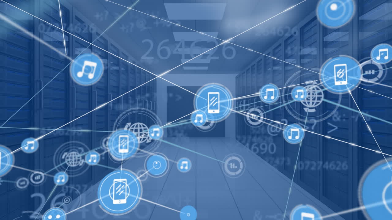 아이콘과 데이터 처리와 서버  ⁇ 을 통한 연결 네트워크의 애니메이션