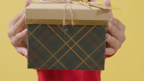 Close-Up-Boy-in-Festive-Outfit-Handing-Christmas-Present-to-Camera