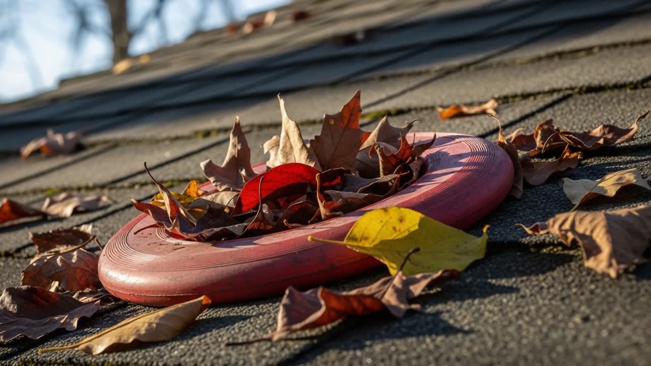 A Vibrant Red Frisbee Resting on a Roof, Surrounded by Colorful Autumn Leaves, Captured in the Late Afternoon Light Showing Seasonal Changes