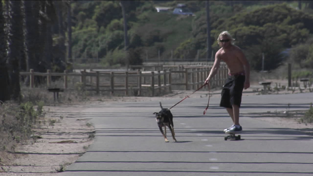 un hombre pasea a un perro mientras anda en patineta