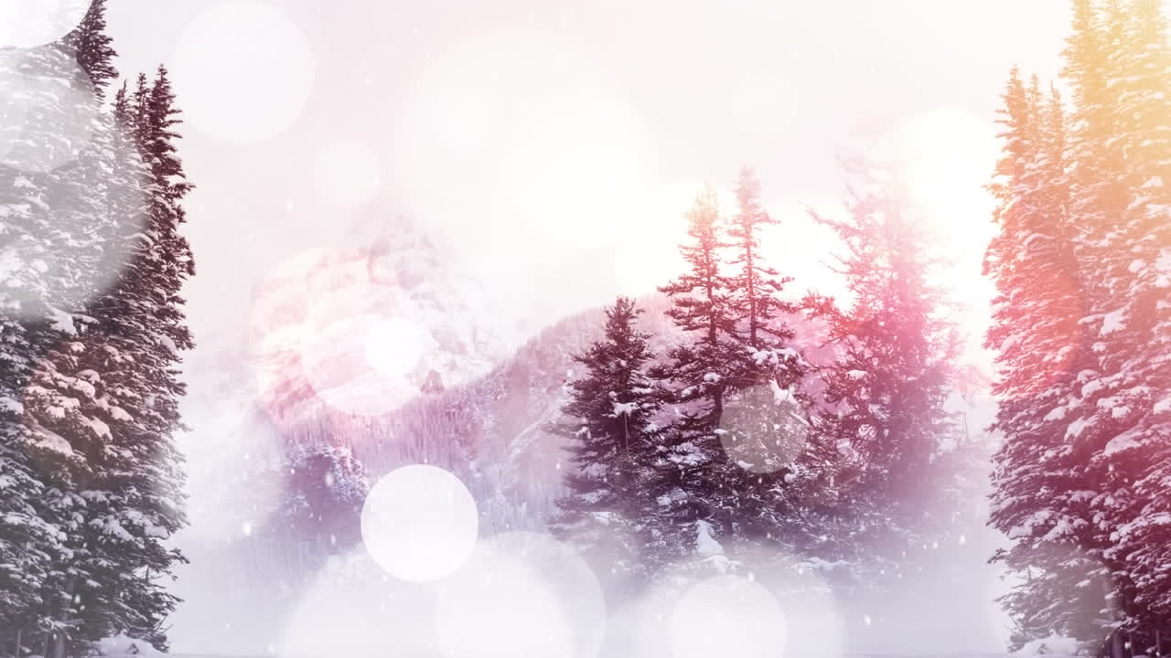 Animation of white light spots and christmas snow falling winter landscape with trees