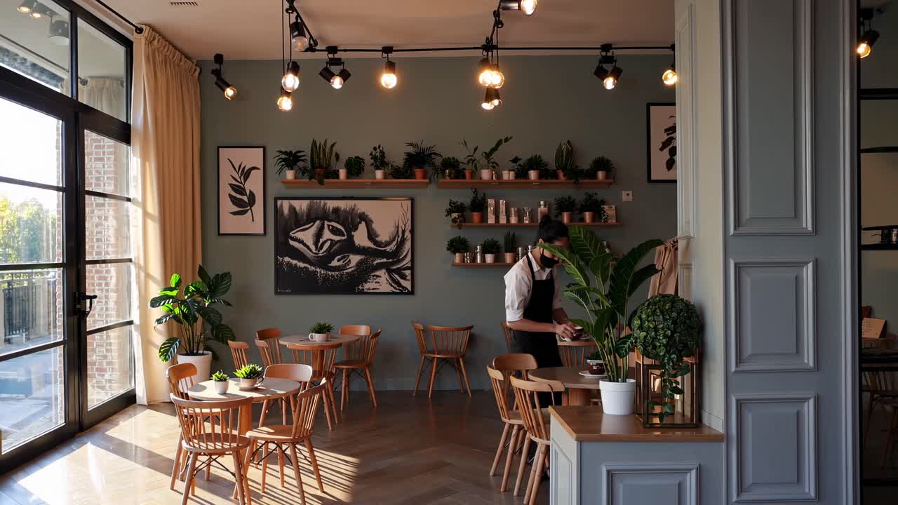 Cozy cafe interior with plants and wooden furniture, captured from a wide-angle view