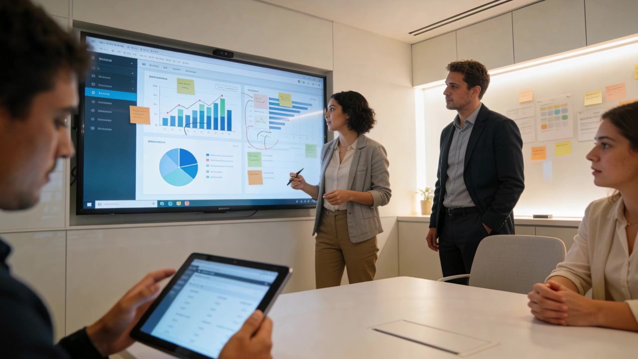 Starting presentation analyst pointing at display in boardroom, in blazer, tablet syncing charts
