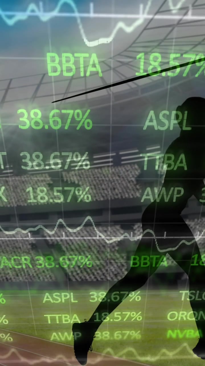 Silueta de lanzador de jabalina con superposición de datos financieros en un estadio.