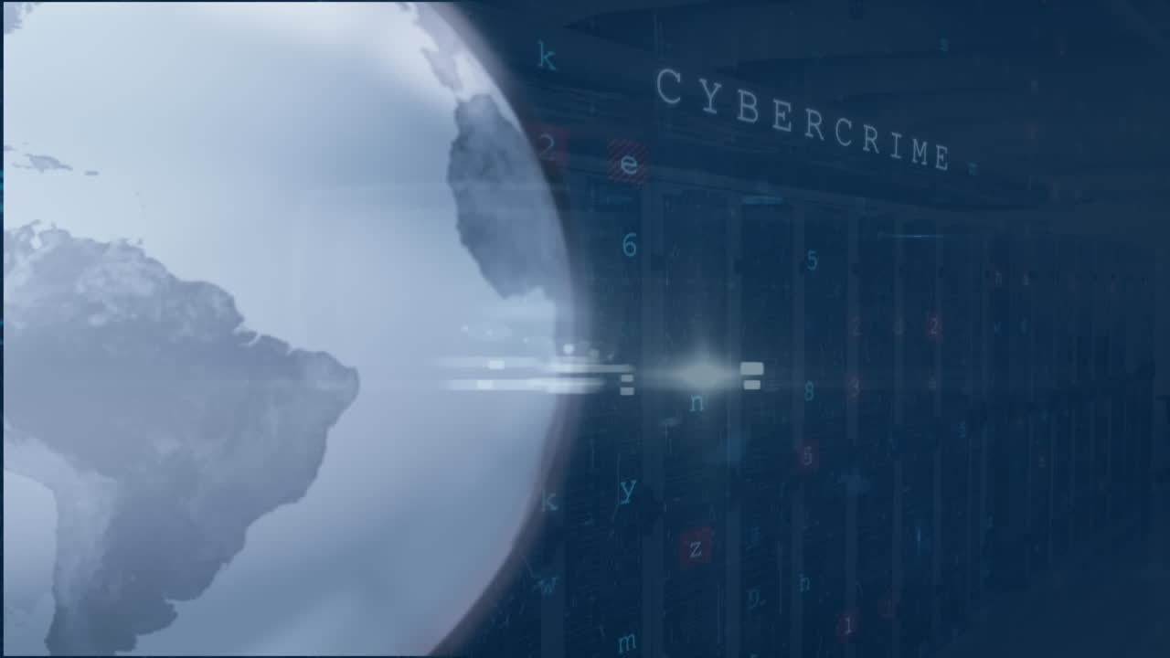 Animation of spinning globe and light spot over cyber security data processing against server room