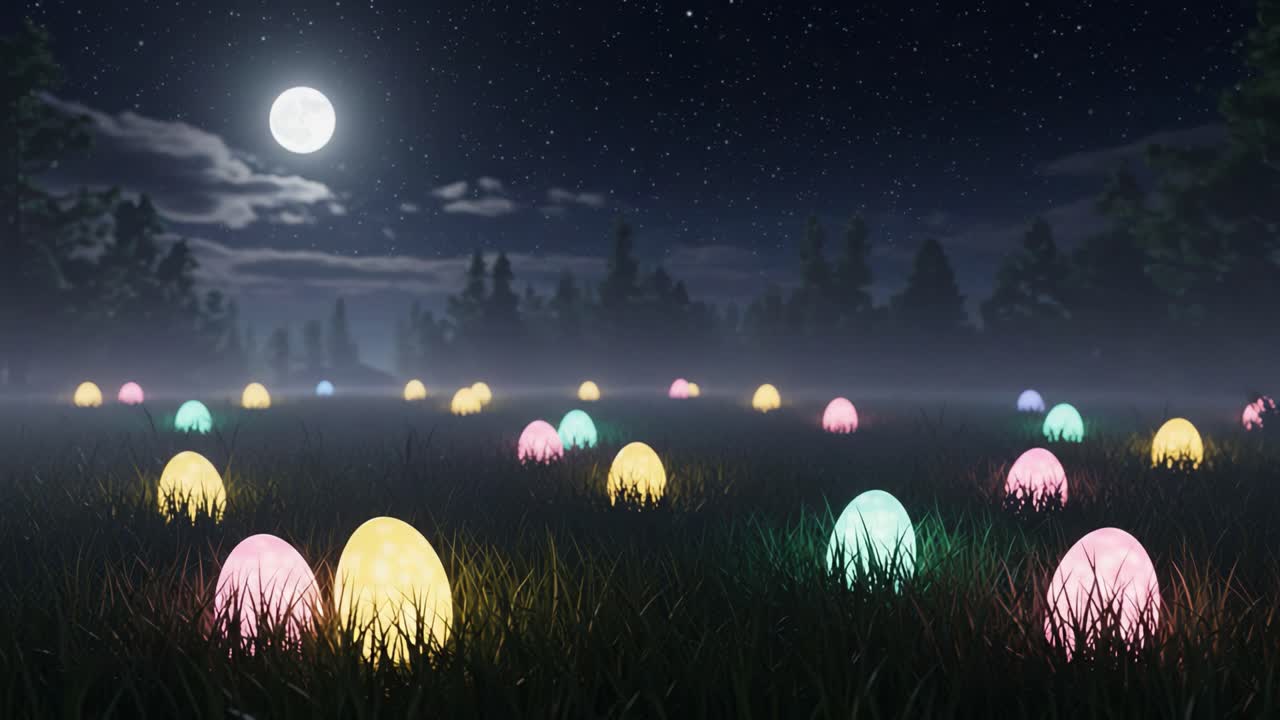 Incantevole scena notturna con uova colorate illuminate su un campo erboso nebbioso sotto un cielo illuminato dalla luna con stelle e alberi sullo sfondo