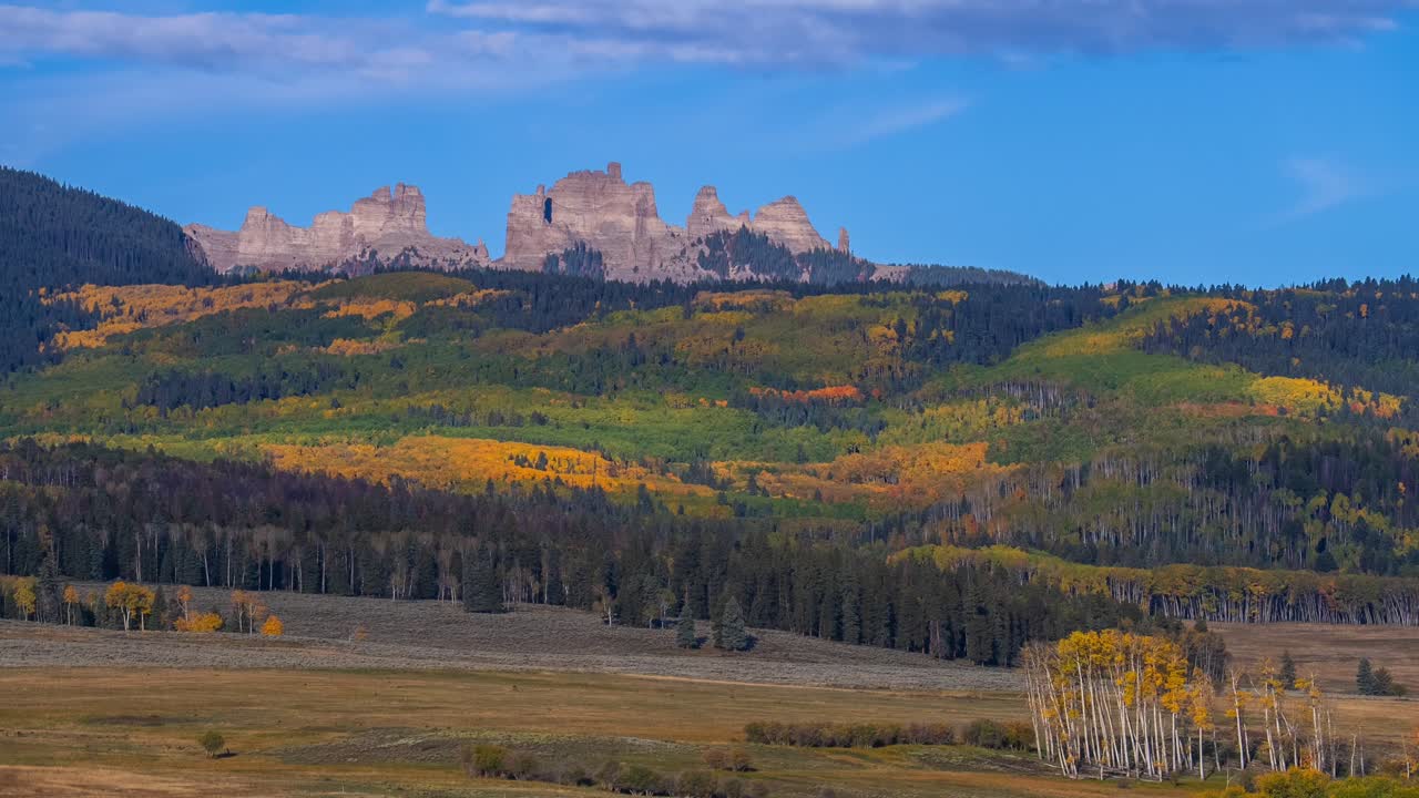 Mill Castle Mountain time lapse Colorado Crested Butte Ohio Swampy Pass Kebler Pass blue sky clouds movement Fall Autumn morning October Gunnison National Forest vibrant quaking Aspen trees static