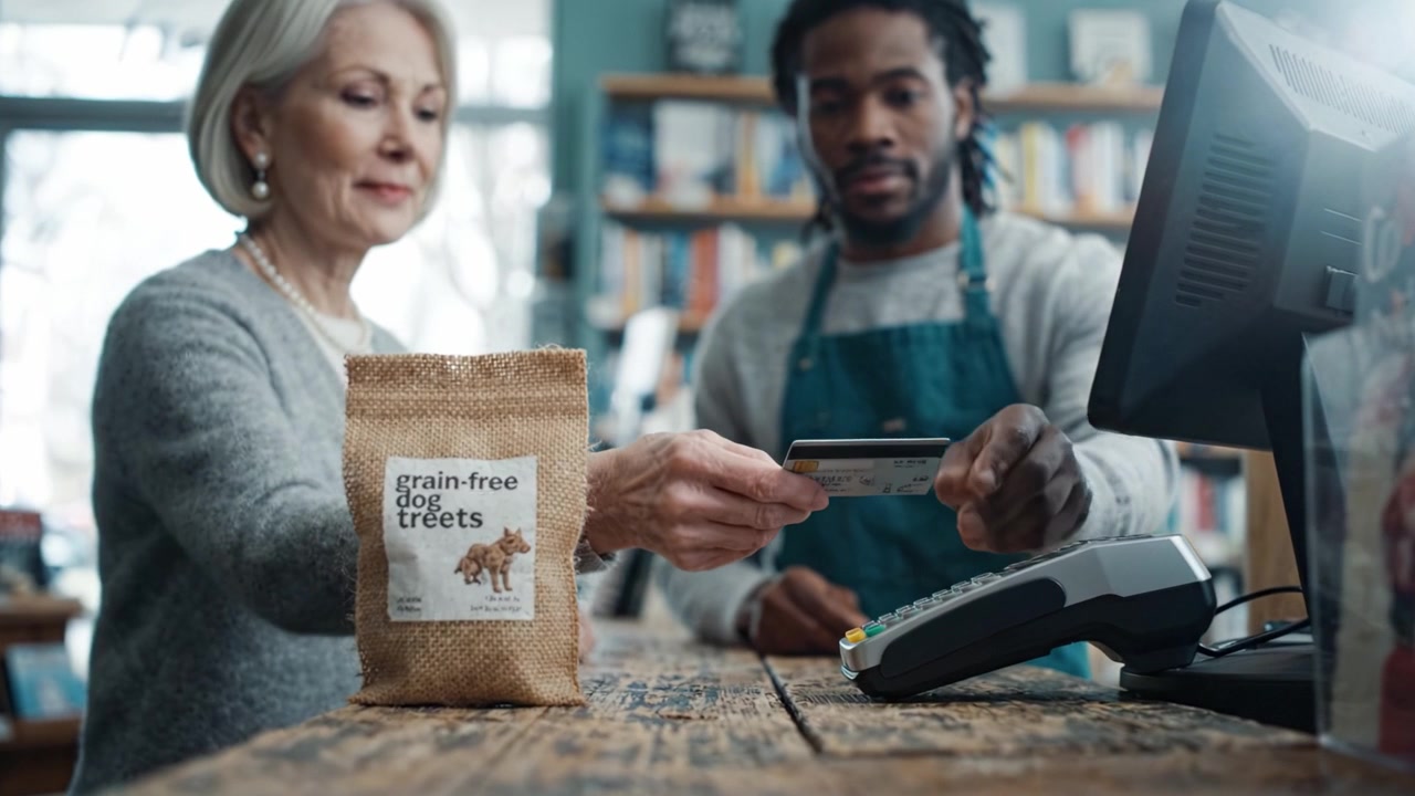 Una transazione amichevole in un negozio che offre snack per cani senza cereali e un cliente soddisfatto che interagisce con un membro dello staff disponibile al banco cassa.
