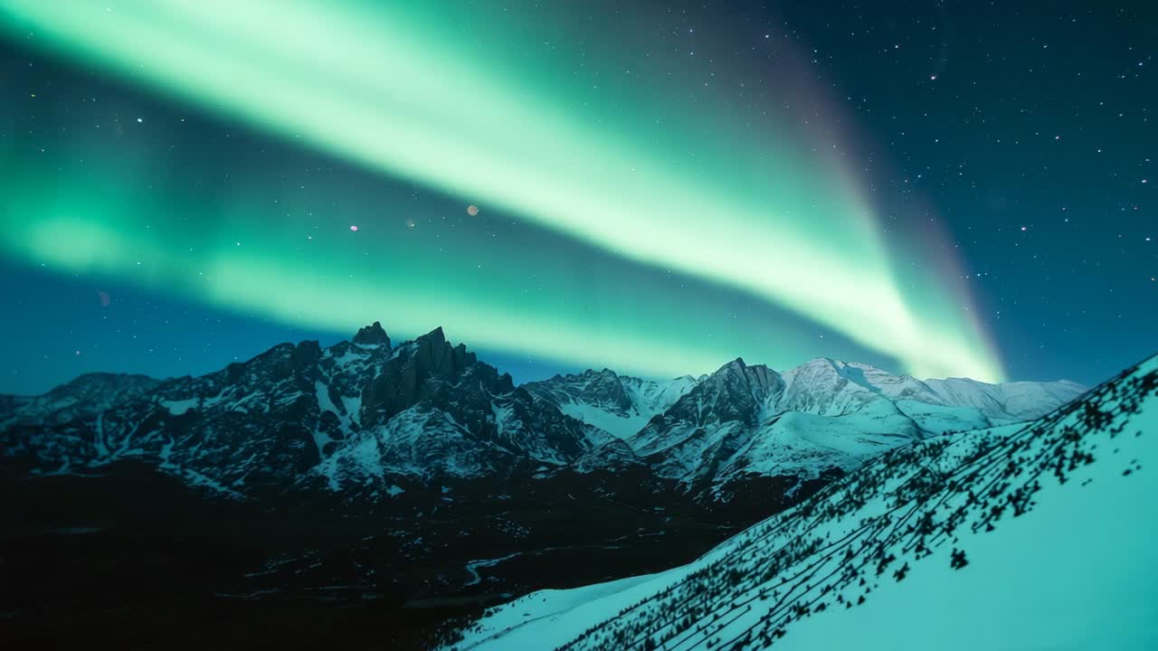 Appearing thin green arc, aurora widening and sweeping over snowy valley under stars, lighting peak