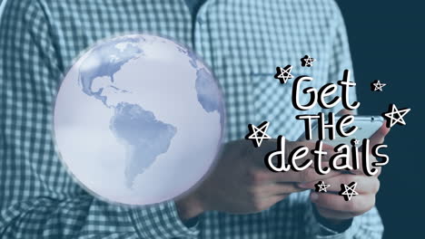 animación de obtener los detalles de texto sobre el globo y las manos utilizando el teléfono inteligente