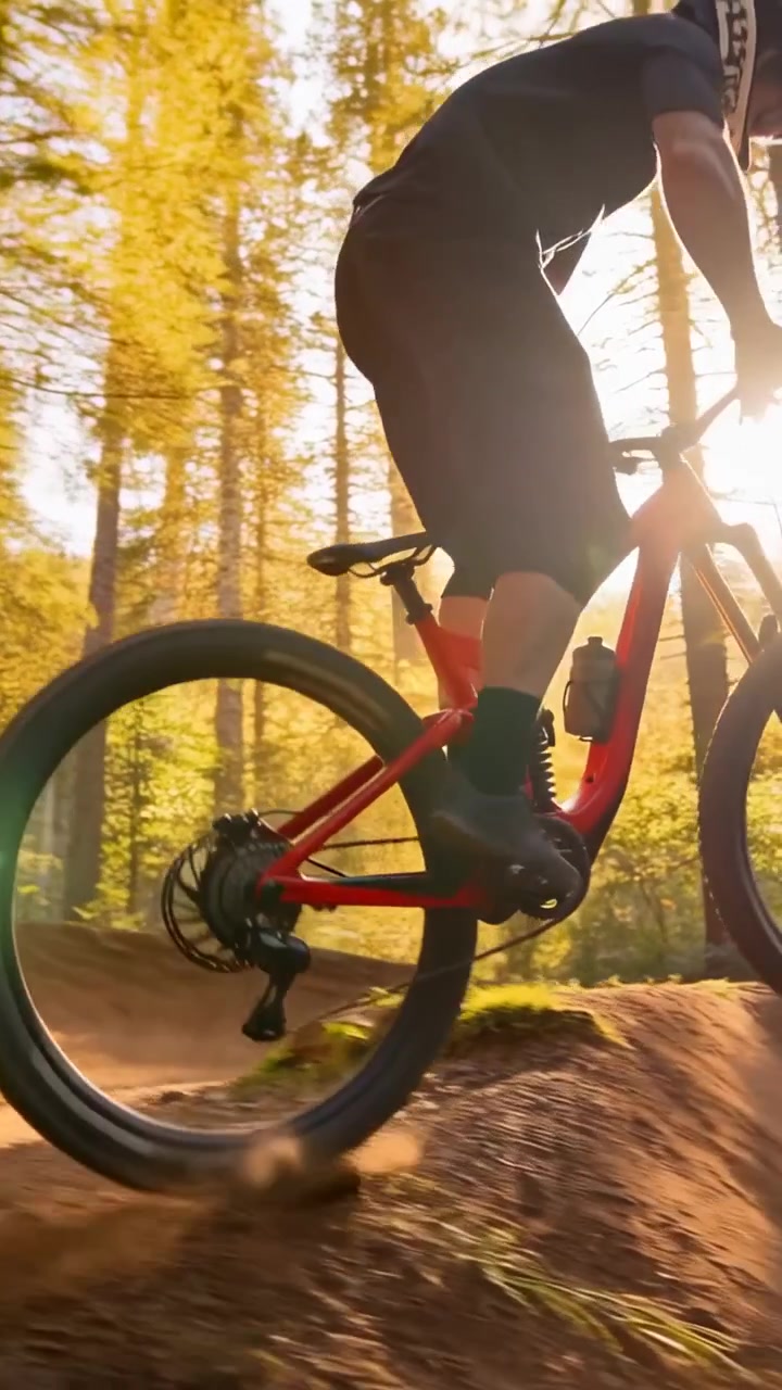 Video verticale: Ciclista con casco che affronta una sponda, impenna, atterra e pedala una MTB rossa su una pumptrack.