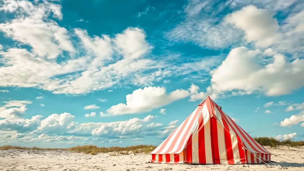 una tienda de campaña de rayas rojas y blancas en una playa de arena bajo un cielo azul
