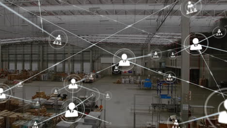 animation of icons connected with lines over aerial view of goods in warehouse