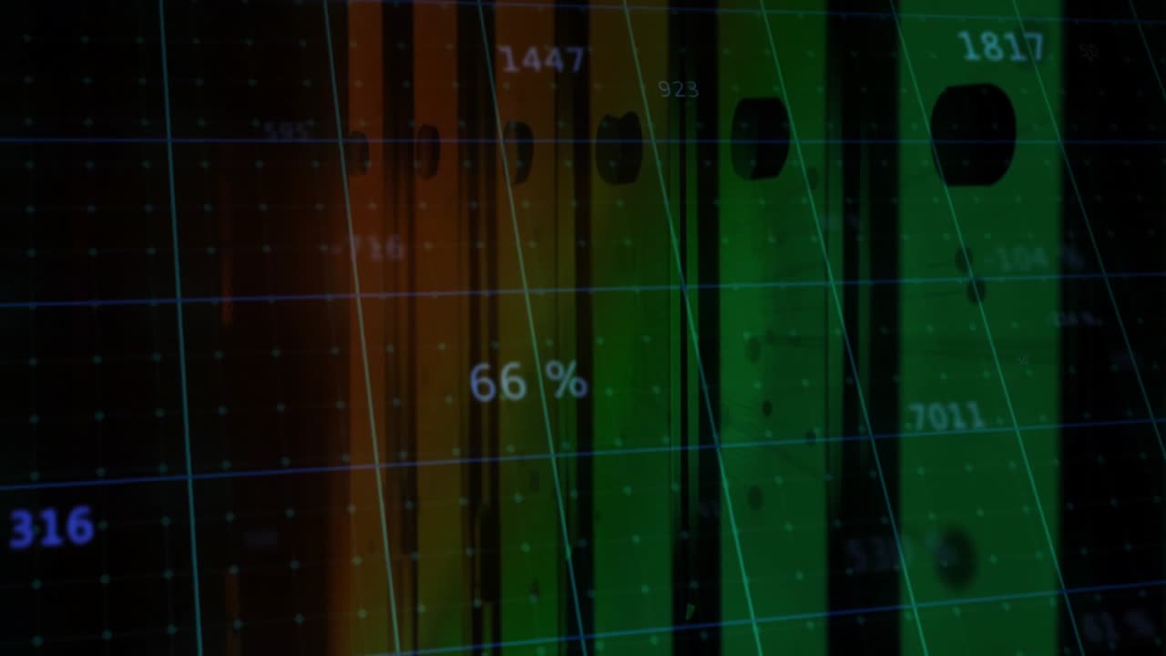 Al caricamento, barre verticali scorrono su una griglia a matrice, mostrando valori numerici e percentuali variabili