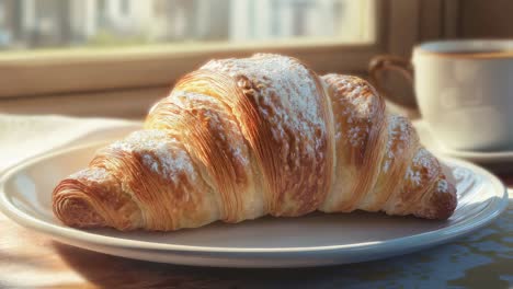 sweet french pastry powdered with sugar, resting on white plate near coffee cup, capturing delicate golden brown layers and inviting morning breakfast scene near softly lit window