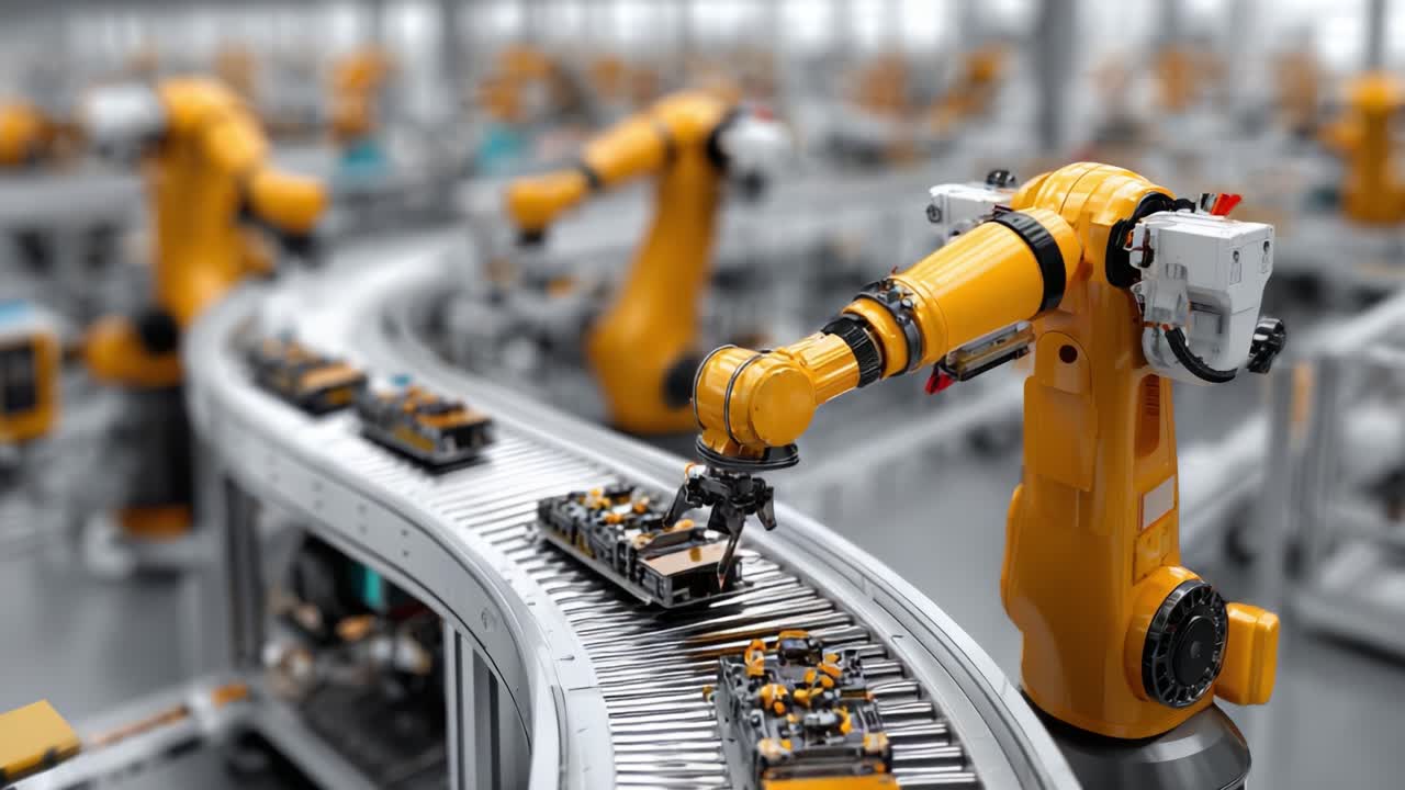 Automated Robotic Arm Manipulating Components on a Production Line in a High-Tech Factory Setting, Showcasing Advanced Manufacturing Techniques and Efficiency