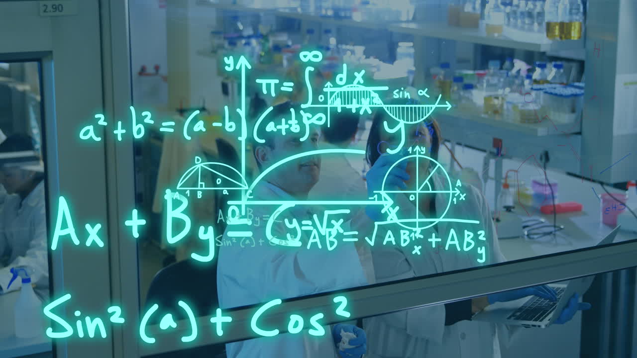 Animation of scientific data processing over caucasian scientists in laboratory