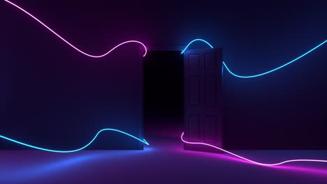 una puerta se abre en la oscuridad de la habitación, iluminada por efectos abstractos de neón o luces led